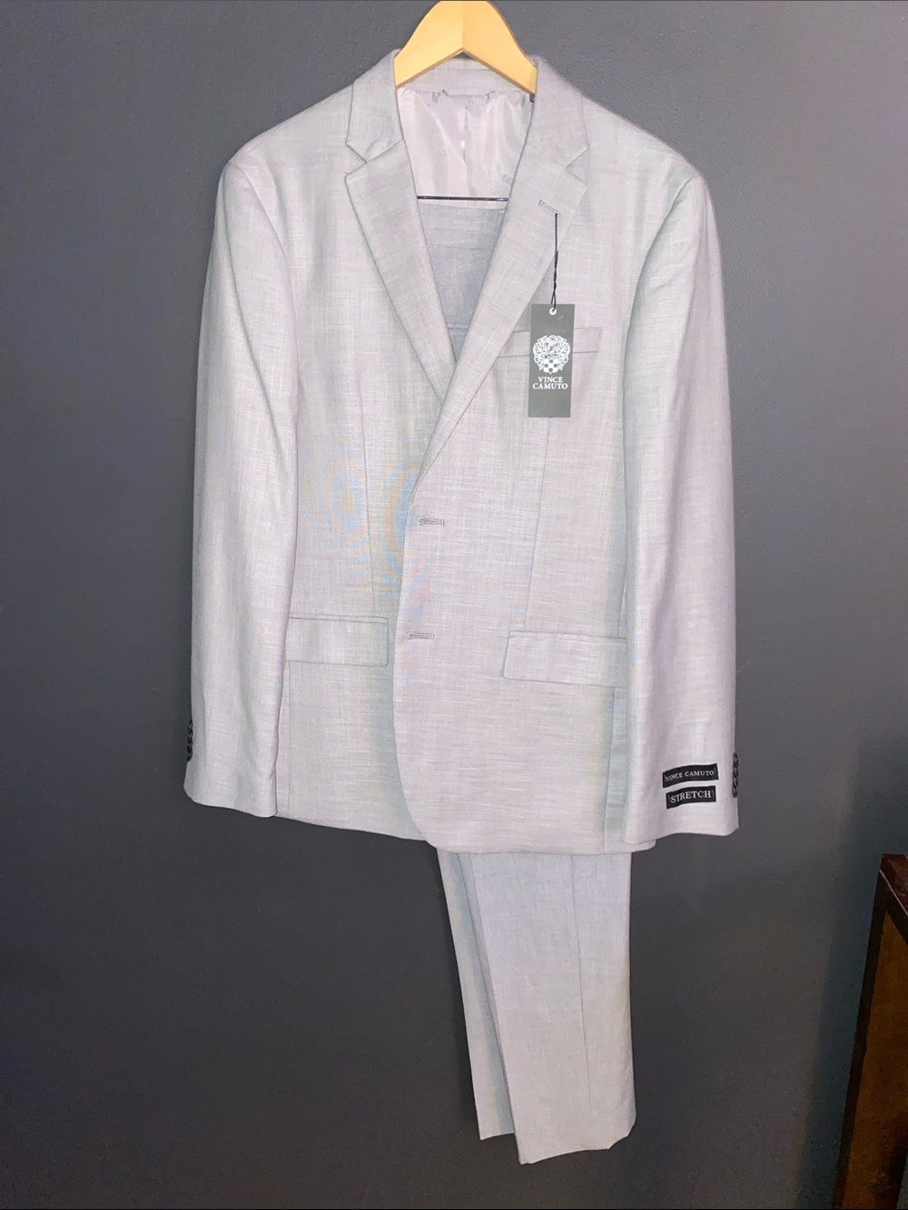 Vince Camuto Light Gray Two-Button Stretch Blazer with pants.